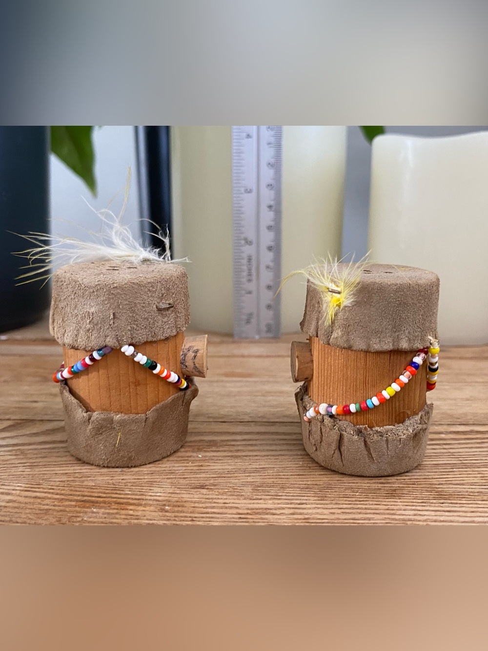 Vintage Wooden Drum Salt & Pepper Shakers Suede Trim Beading & Feathers Souvenir